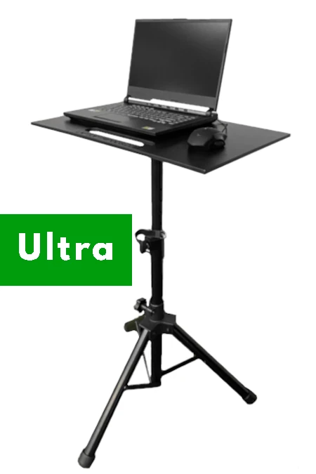 Ultra Laptop tripod stand from AllSportSystems with maximum stability and durability adjustable height for standing or sitting.