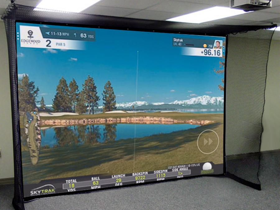 Hanging indoor home golf simulator enclosures, screens and netting systems with no vertical poles. From $700.00.
