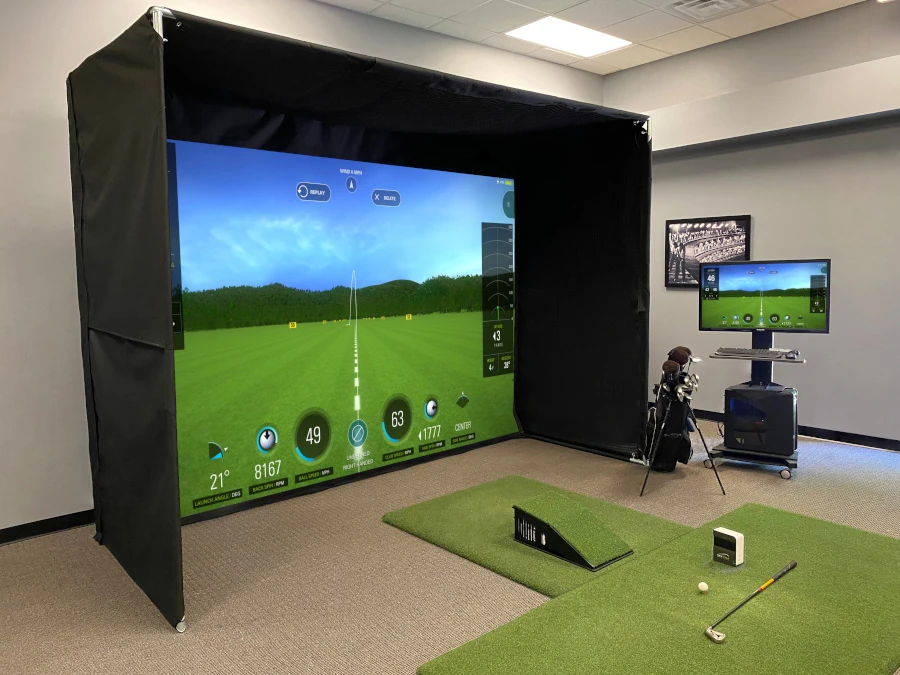 Our impressive SuperBay™ complete indoor golf simulator packages for Skytrak+, Optishot Orbit, Golfjoy, and Garmin are the gold standard for safety in home golf simulators!